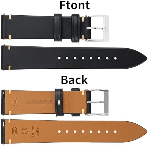 Gomvadr Handmade Slim Vintage Top Grain Leather Watch Strap, Quick Release, 18 mm/19 mm/20 mm/21 mm/22 mm, Silver/Black Buckle, Tan/Brown/Blue/Black/Coffee, Unisex for Men Women (Black with Silver Buckle, 20mm) — view 6