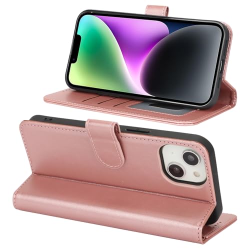 Image of for iPhone 14 Case Wallet with Card Holder,for iPhone 13 Wallet Case for Women Men,PU Leather Shockproof Magnetic Buckle Stand Flip Phone Case-Rose Gold