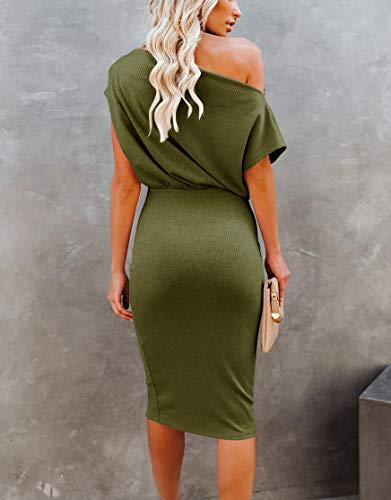 Image of EZBELLE Women's Summer Dress Off The Shoulder Short Sleeve Ribbed Casual Party Bodycon Midi Dresses