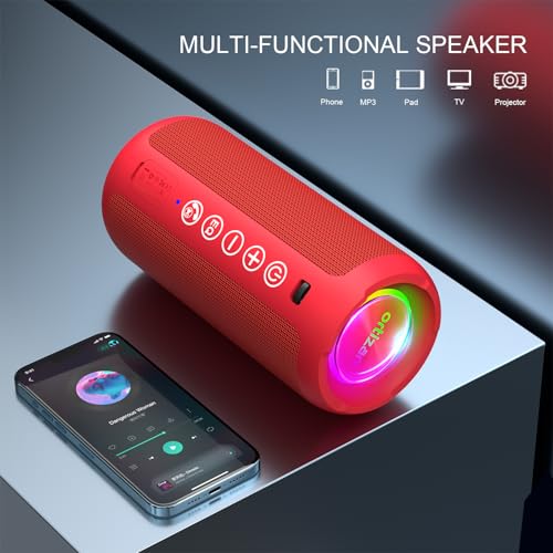 Image of Ortizan Portable Bluetooth Speaker: IPX7 Waterproof, 24W Loud Sound, Deep Bass, Bluetooth 5.3, LED Lights, Wireless Stereo Pairing, 30H Playtime, for Home /Outdoor /Party /Beach, Birthday Gift (Red)