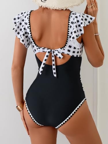 Image of Aidonger Women's One Piece Ruffle Swimsuit Tummy Control Bathing Suit V Neck Shell Stitched Swim Suit Slimming Swimwear