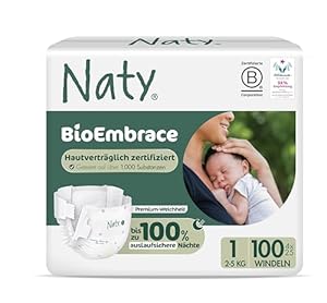 Naty BioEmbrace Neugeborenen Baby Windeln Größe 1 (2–5 kg) | 100% pflanzenbasierte Materialien auf der Haut | Atmungsaktive Weichheit, dermatologisch getestet, exzellente Saugkraft | 100 Stück