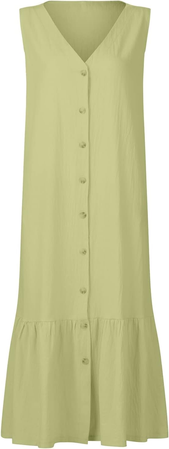 Spring Summer Sleeveless Cotton Linen Dress Summer Dresses for Women Sleeveless Pockets Vacation Maxi Dresses