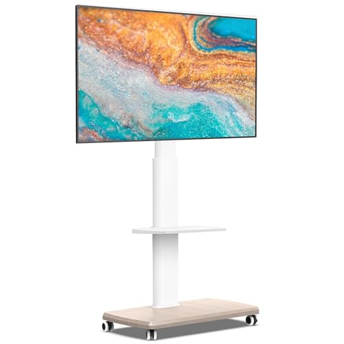 FITUEYES Rolling TV Stand for 32-75 Inch TVs with Swivel Mount, White | Mobile TV Cart on Wheels with Shelf, Entertainment Center with Height Adjustable for Bedroom Home Office Small Dorm