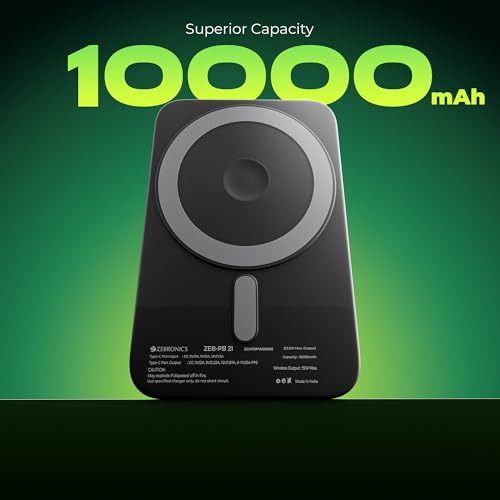 Image of Zebronics 10000mAh MagSecure Compatible Powerbank, 15W Wireless Charging, 22.5W Rapid Charging, Type-C PD Input & Output, Built-in Stand, LED Indicator, Multi-Protection (EnergiSafe 10R5, Black)
