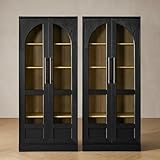 mopio Blake Tall Display Cabinet, Kitchen Buffet Pantry Cabinet, Trophy Display Case, Storage Cabinet Scratch Resistant Acrylic, Modern Farmhouse Curio Cabinet with Doors (Black Oak Arched, Set of 2)