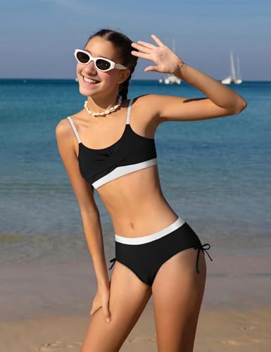 Image of Gaupafmb Girls Bikini 3PCS Swim Sets Color Block Crop Top Briefs with Shorts for 7-16 Years