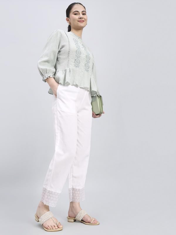 Image of GO COLORS Rayon Blend Ethnic Pant Organza for Women Full Length| Mid Rise, Lace Design