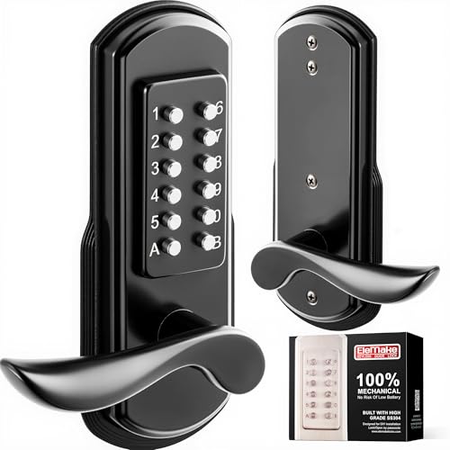 Elemake Mechanical Door Lock with Handle, Left Handed Keyless Entry Door Lock with Keypad, Combination Door Lever Lock - Not Deadbolt