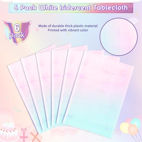 Image of 6 Pack Iridescent White Plastic Tablecloth, Shiny White Disposable Laser Rectangle Table Covers, Holographic Foil Tablecloth Party Decorations for Birthday Bridal Wedding Banquet, 40 x 108 Inch