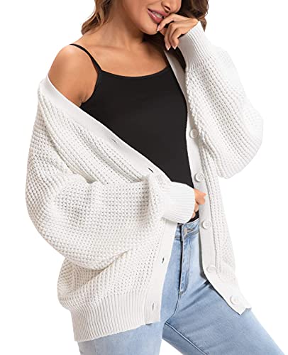 Qualfort Women's Cardigan Sweater 100% Cotton Button-Down Long Sleeve Oversized Knit Cardigans Off White X-Large #TOP4
