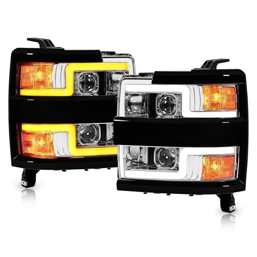 HECASA Projector Headlights Assembly L&R Compatible with 2015-2019 Chevy Chevrolet Silverado 2500HD 3500HD LED DRL Tube Bar Headlamps Front Lamp Light Left & Right Side Clear Lens Black Housing