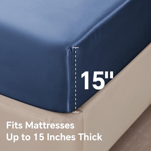 BEDELITE Satin Fitted Sheet and Pillowcase Set, Luxury Soft Similar to Silk Bottom Bed Sheet with Elastic Corner Straps, Deep Pocket up to 15 Inch, 1 Fitted Sheet and 1 Pillowcase(Twin XL, Navy)