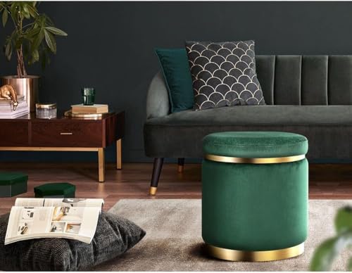 Image of Giftoshopee Velvet Puffy Ottoman Stool, Round Footrest with Diamond Quilting and Gold Base, Grey, for Living Room, Bedroom and Dressing Area