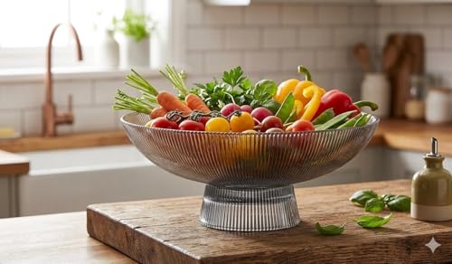 Image of Modern Ribbed Glass Fruit Bowl with Pedestal Stand 10 Inch Set of 1, Luxury Fluted Glassware Pedestal Bowl for Fruit, Salads, Decor (Black Color)