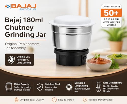 Image of new Swati Bajaj 180ml Chutney Grinding Jar | Compatible with 50+ Bajaj & MR Mixer Grinder Models | Original Replacement Jar Assembly