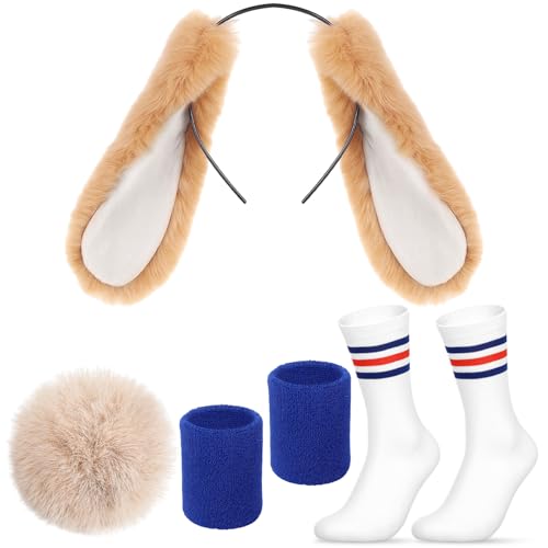 Maiteenly 4 Pcs Halloween Bunny Rabbit Costume Set Includes Bunny Ears Headband Plush Tail Pin Elastic Wristband and Knee High Socks for Halloween Costume Accessories Women Cosplay (Drop Ears)