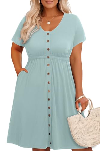 Image of Holipick Women's Plus Size Summer Dresses for Women Casual Dress with Pockets A-Line Swing Button Down Sleeveless V Neck