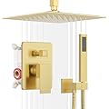 ESNBIA Gold Shower Head System, All Metal 12 Inches Ceiling Shower Faucet Set with Valve, Rain Shower Head with Handheld Spray Combo, Brushed Gold