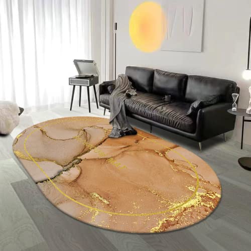 Image of LONGSAO Oval Extra Large Area Short Pile Rugs Living Room Rug Anti Slip Washable Home Decor Carpet Geometric yellow-brown-golden crackle,90 x 200 cm