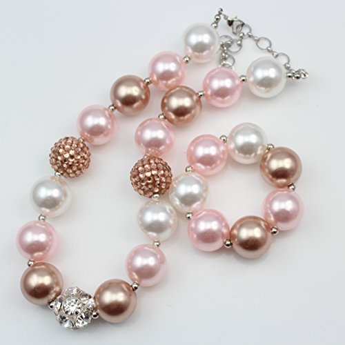 Artvine Silver Alloy Rhineatone Pink&Champagne Gold Pearl Beads Baby Chunky Bubblegm Girl Necklace Bracelet Set For Kids Birthday Gifts (Child Size 18 Inch) #TOP1
