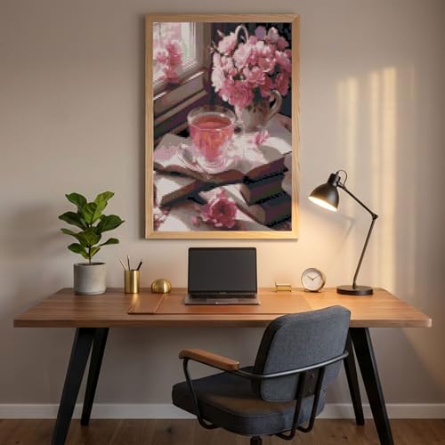Image of Books and Flowers Stamped Cross Stitch Kits,Flower Embroidery Starter Kit for Adult Beginners, 11CT Cross-Stitch Patterns Dimensions Kit Arts,Needlepoint Kit Crafts for Home Decor 15.7x11.8 inch