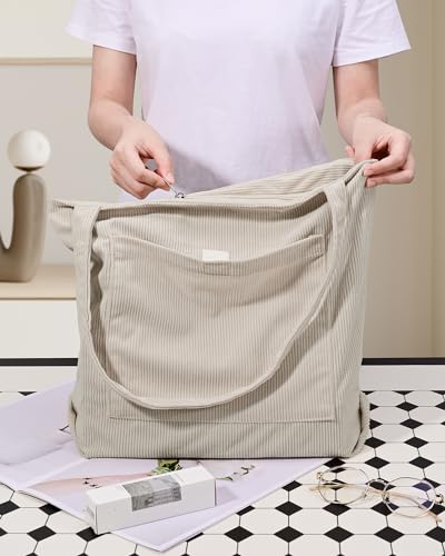 Image of Iioscre Corduroy Tote Bag for Women,Hobo HandBags with Zipper,Large Capacity Casual Shoulder Handbags with Inner Pockets