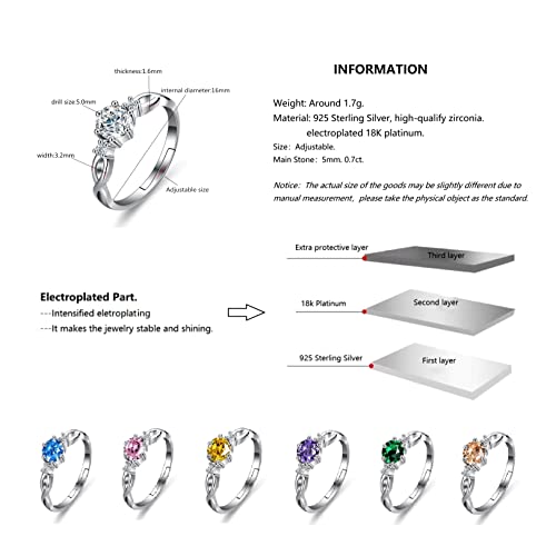925 Sterling Silver Adjustable Side-Stone Engagement Rings for Her, Finger Ring with 0.7ct Birthstone Gemstone Anniversary Birthday Fine Jewellery Gifts for Women2