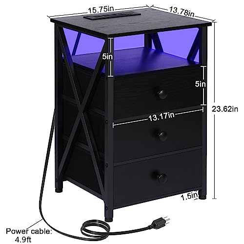 Amhancible Night Stand Set 2, Led Nightstand With Wireless Charging Station, End Side Tables With Usb Port & Outlet, Smart Bedside Table With Fabric Drawers For Bedroom Living Room Het053Lbk #TOP3