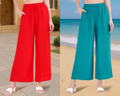 Image of Buy That Trendz Palazzo Pants for Women Rayon Elasticated Regular Fit Flared Wide Leg M to 6XL Pack of 2