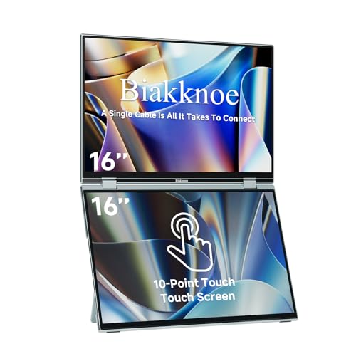 Biakknoe U16 Pro 16' Dual Portable Monitor Touchscreen, 1200P FHD Laptop Screen Extender with USB-C/HDMI, Plug & Play Foldable Travel Monitor for Laptop/Mac/PC/Phone/Windows, VESA Mountable