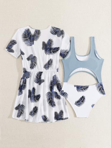 Image of Girl's 2 Piece One Pieces Set Tropical Print Bathing Suit Swimwear with Kimono Cover Ups Blue 140