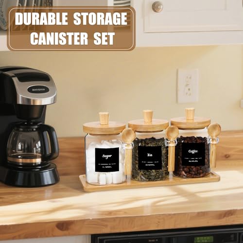 Image of Suclain 3 Pcs Glass Coffee Container Set, 20 oz, Natural Bamboo