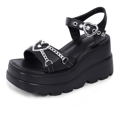 Image of Gothniero women black platform sandals goth chunky wedge heel summer sandals girls gothic punk platform sandals for women metallic spider buckles slides size 5.5-11