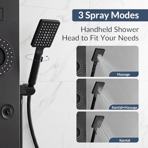 BATHLAVISH 6 in 1 Shower Panel Tower System, Rainfall Shower Panels Set w/LED and Digital Display Stainless Steel Shower Tower with Waterfall Tub Spout 2-Type Massage Jets Handheld Head Matte Black by BATHLAVISH - Image 9