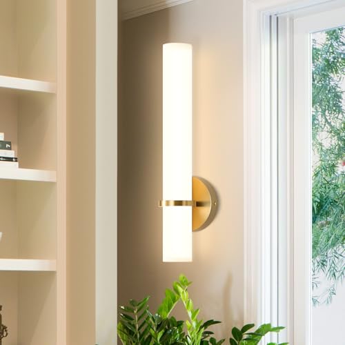 Image of LED Dimming Wall Sconces 8W, 3000K Warm Lights Dimmable, White Lampshade Bathroom Vanity Lighting Wall Light Fixtures for Bedroom Dining Living Hallway, Antique Gold