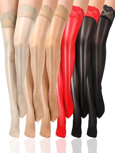 6 Pairs Women's Oil Shiny Thigh High Stockings Oil Silicone Lace Top over Knee Stockings Silky Socks for Women