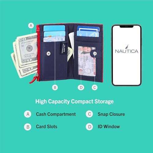 Image of Nautica High Tide Small Wallet for Women, RFID Blocking Slim Credit Card Holder with Zipper Coin Pocket, Bifold Compact Wallet with ID Window, Red Printed