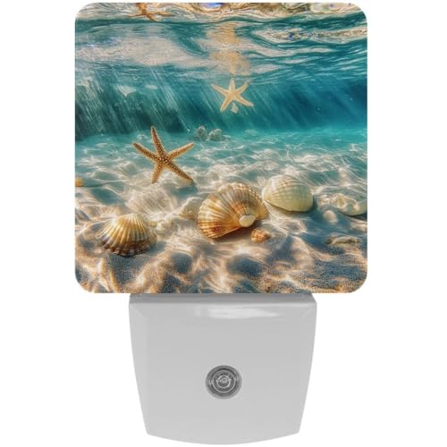 Image of NEWzone Starfish Seashells Ocean Night Light Set of 2, Auto Sensor LED Dusk-to-Dawn Nightlights, Plug-in Sensor Lamp for Bedroom Bathroom Kitchen Hallway Stairs Decorative