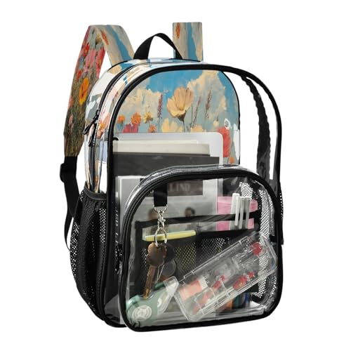 Wild Flowers Oil Painting Clear Backpack - Stadium Approved Large 15.7-inch Waterproof Transparent Bag for Sports, Concerts, Work, Travel#2342
