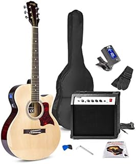Max ShowKit Electro-Acoustic Guitar Pack, Full Size with 40 Watt Combo Amplifier, Steel String Set, Gig Bag, Strap, Picks and Digital Tuner Beginners Kit, Cut Away Natural