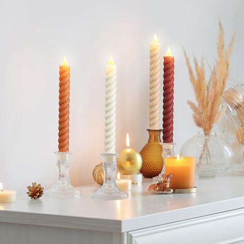 Image of Baquler 6 Pcs Fall Flameless Taper Candle Twisted LED 9.65 Inch Fall Taper Candles Battery Operated Twisted Candlesticks for Thanksgiving Harvest Wedding Birthday Home Party Dinner Fireplace Decor