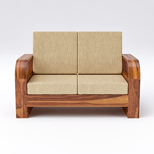 Image of Douceur Furnitures Solid Sheesham Wood 2 Seater Sofas | Two Seater Sofa for Living Room, Cafe, Office | (Honey Teak Cushion Beige)