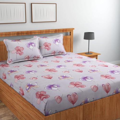 Image of NHD HOME Premium Cotton Flat Double Bedsheets with 2 King Size Pillow Covers | Double Bed Breathable | Wrinklefree | Ultrasoft 220 tc Supersoft Floral | 90x90 Inches, Pink & Purple