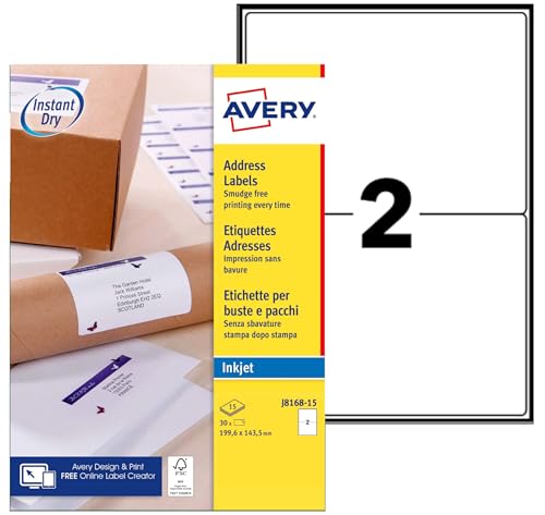 Avery Étiquettes Autocollantes Blanches 30 Pièces 199.6 x 143.5 mm J8168-15 - Feuille A4, Imprimante Jet d'Encre, Format Compact, Papier FSC, Compatible Mon...