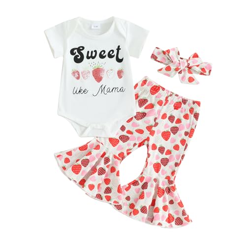 Image of mlpeerw Newborn Baby Girl Clothes Mamas Girl Romper Top Floral Bell-Bottoms Pants+Headband Infant Cute Summer Outfits