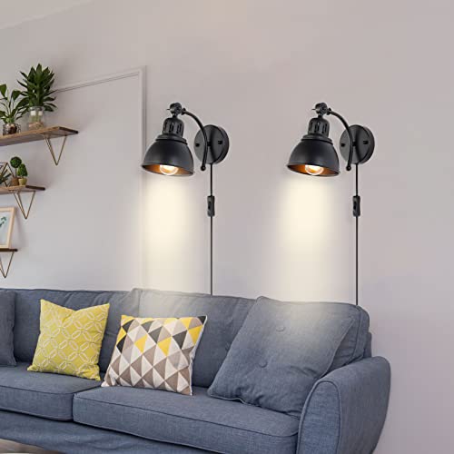 BANGANMA Plug in Wall Sconces Set of 2,Vintage Industrial Black Wall Sconce with Plug in Cord and On Off Switch,Metal Wall Mount Light Fixture for Bedside Bedroom Living Room - Image 5