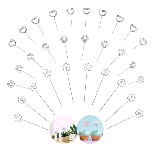 NIYATA 30Pcs Pince Porte Photo,Tige Port Photo,Pince Photo Metal,12CM,Forme de Coeur,Fleur,Rond,Tige Photo Metal,Porte-Carte Photo Métallique pour Mariage,Fête,Cadeau