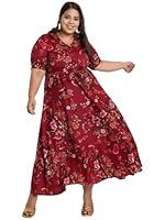U&F Women Maroon & Green Floral Crepe Plus Size Maxi Dress