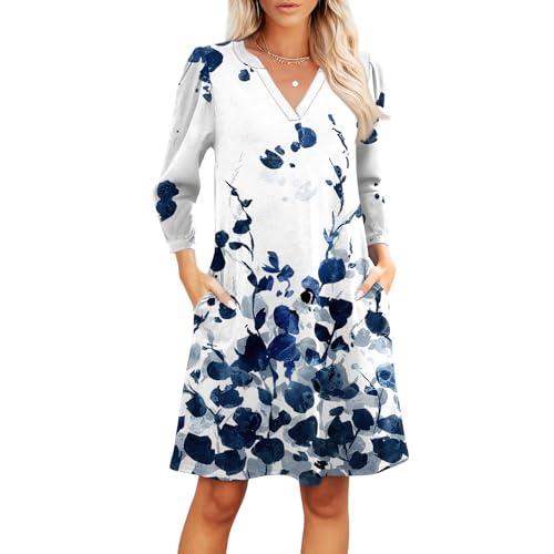 Vestido Mujer Manga Cuartos Escote En V Floral con Bolsillos Laterales por Rodilla 2XL